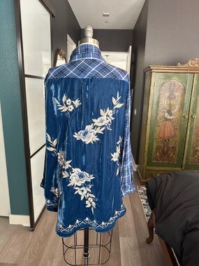 Blue Floral Velvet and Plaid Button-Up Shirt